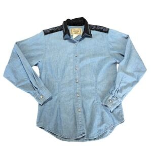 Wrangler Silver Lake Vintage Womens Small‎ Denim Western Shirt Suede Black Yoke